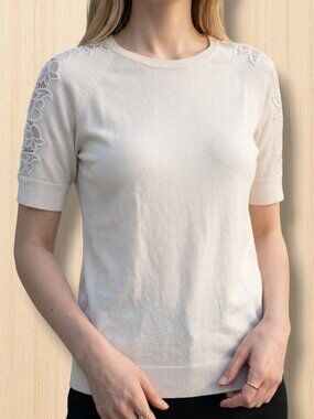 Ann‎ Taylor Cream Silk Blend Lace Detail Soft Knit Top XS